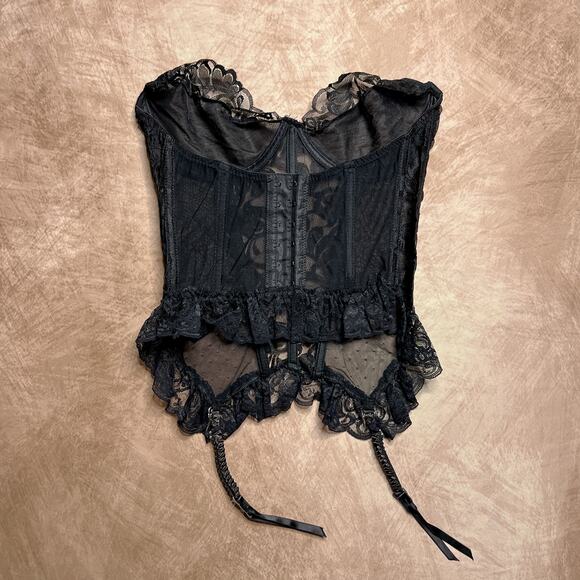 Floral Lace Polka Dot Mesh Corset Bustier Lingerie Top Ruffled Hem Garter Straps - Picture 2 of 5